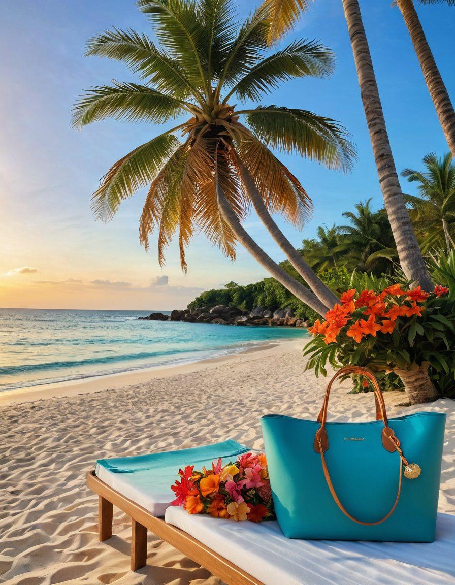 A serene tropical beach setting with soft golden sand and crystal-clear turquoise waters, featuring a diverse array of luxurious bikinis displayed on sun loungers. Include vibrant tropical flowers and palm trees in the background, alongside a stylish beach bag and sunglasses to evoke a luxurious getaway vibe. The sun is setting, casting a warm glow on the scene. super-realistic. vibrant colors.