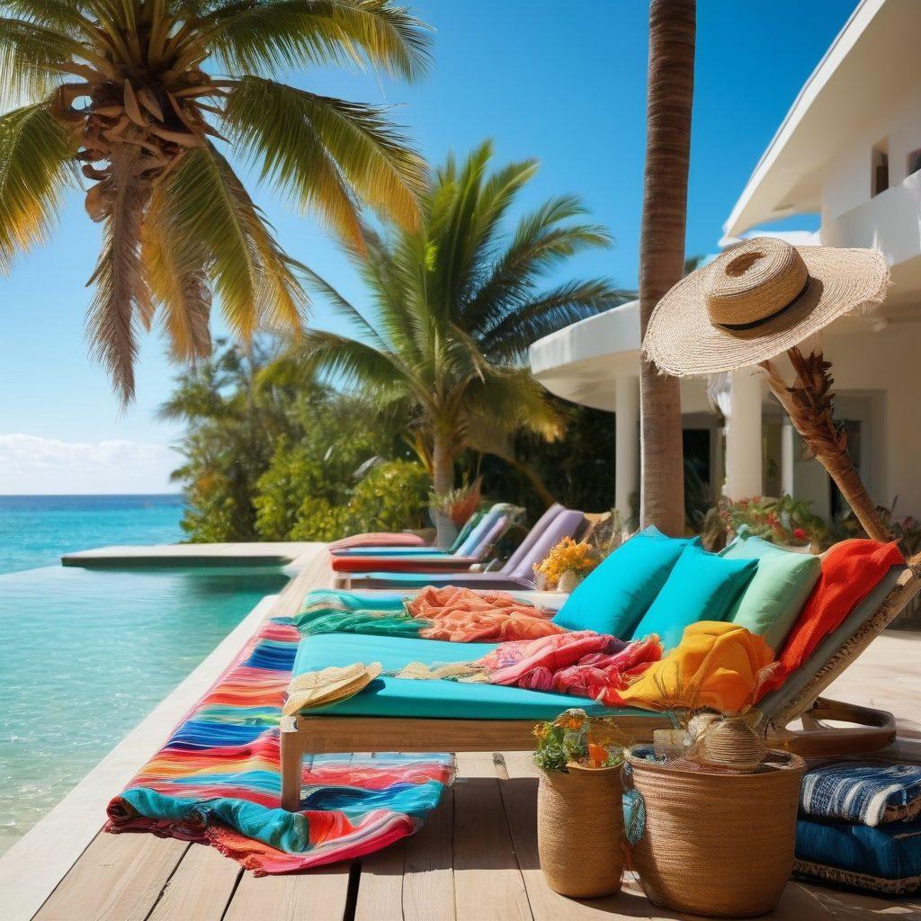 A serene beach scene featuring a stylish array of two-piece swimsuits draped over a sun lounger, surrounded by vibrant beach accessories like a wide-brimmed straw hat and colorful beach towels. The sunlight gently reflects on the turquoise waters, and palm trees sway in the background, evoking relaxation and bliss. Add a refreshing drink on a nearby table. vibrant colors. super-realistic.