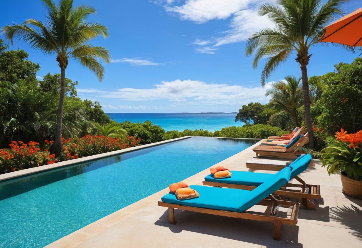 A stunning tropical scene featuring a luxurious poolside with a modern bikini fashion display, surrounded by vibrant tropical flowers and palm trees. In the background, an inviting oceanfront view showcases gentle waves and a clear blue sky. Include stylish beach accessories like sunglasses and flip-flops to enhance the fashion aspect. The overall atmosphere should be sunny and vibrant, evoking a sense of relaxation and summer fun. super-realistic. vibrant colors. bright blue sky.